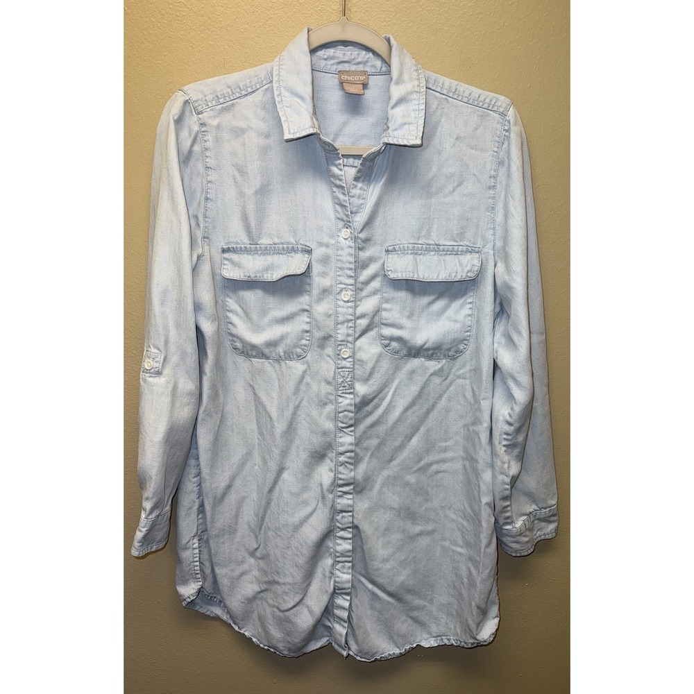 Chico's Top Denim Blue Button Down Light Chambray Wash Tunic Roll Tab SZ 1 8/10